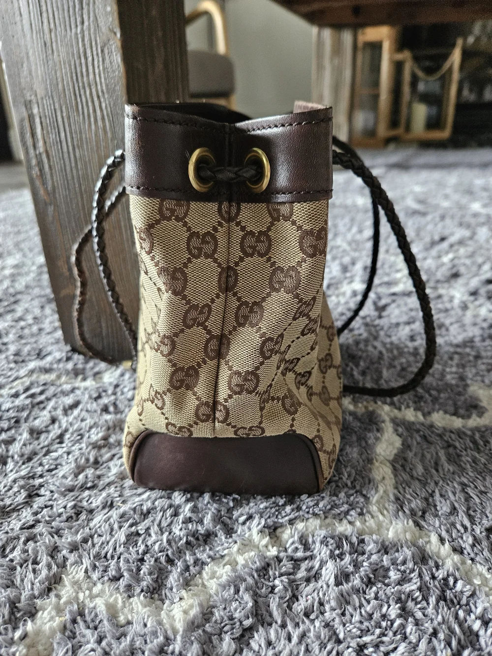Gucci Beige & Brown GG Canvas Drawstring Shoulder/Crossbody Bag - Picture 5 of 11